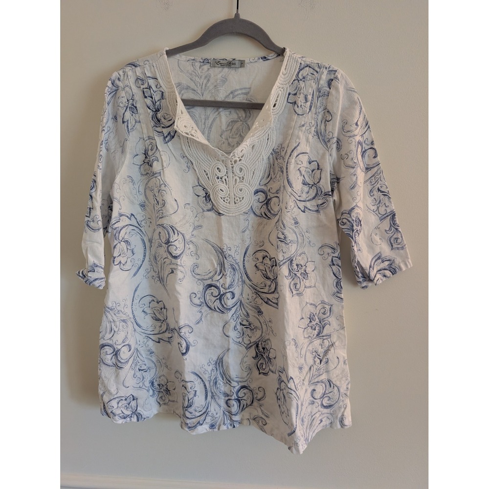 Elena Baldi Italy 100% Linen Blue Floral Paisley Crochet Lace Tunic Top Large
